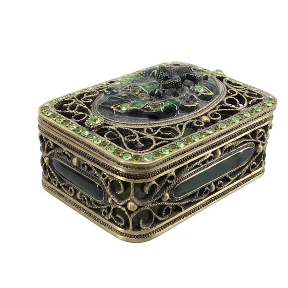 Vintage Jewelry Trinket Box Green Frog Metal Rhinestone Scrolls